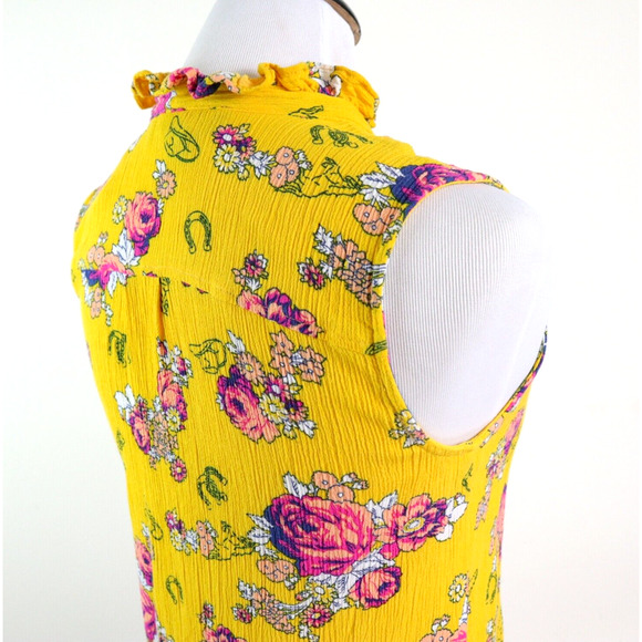 ModCloth Size S Like the Wind Tie-Neck Blouse Mustard Yellow Floral - Picture 5 of 10